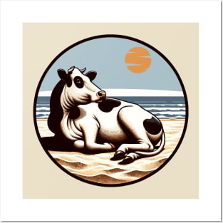 Cow lying on the beach Posters and Art